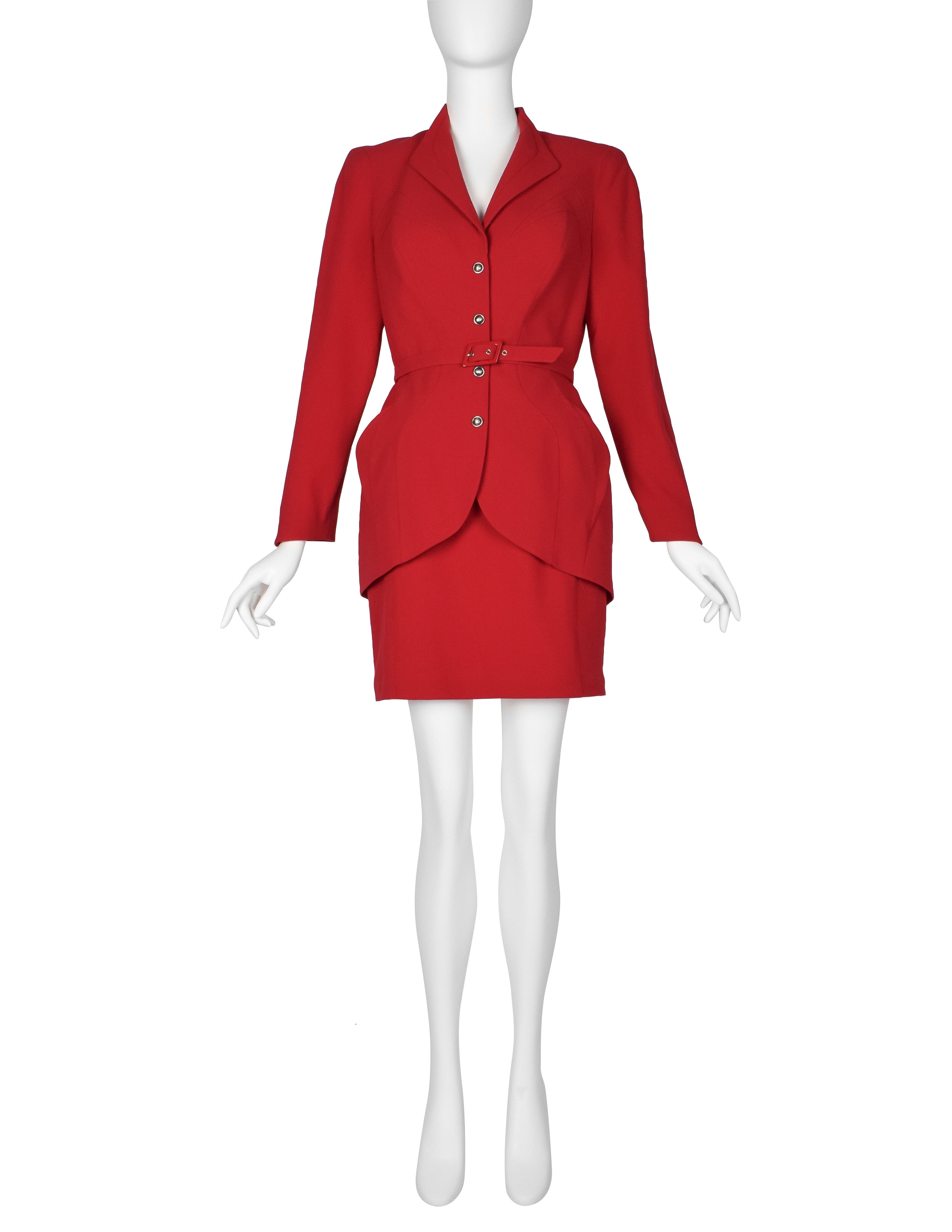 Thierry Mugler Vintage Red Wool Gabardine Jacket Skirt Two Piece Suit