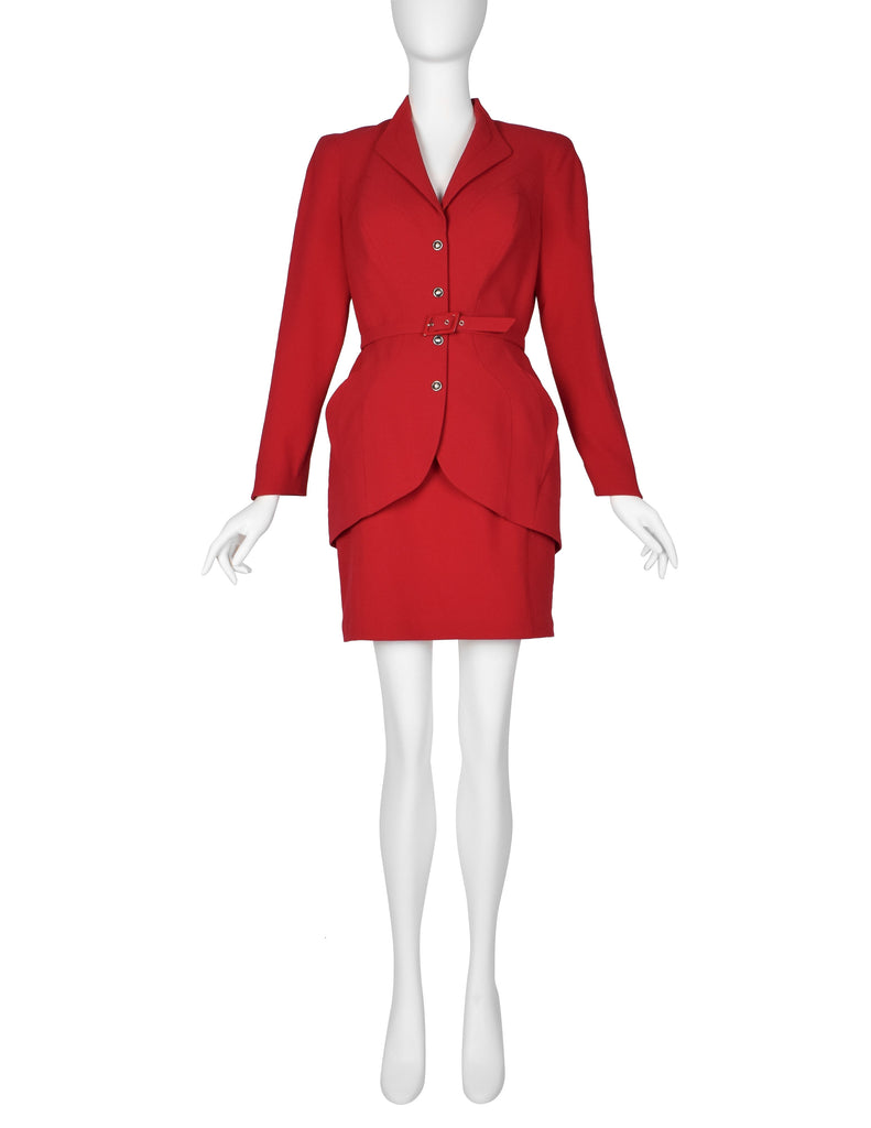Thierry Mugler Vintage Red Wool Gabardine Jacket Skirt Two Piece Suit