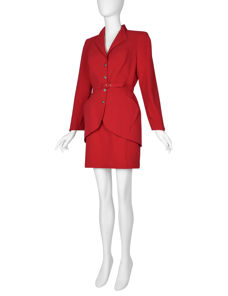 Thierry Mugler Vintage Red Wool Gabardine Jacket Skirt Two Piece Suit