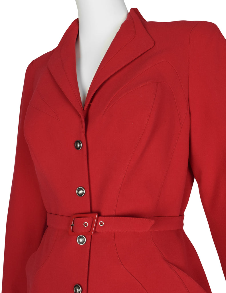 Thierry Mugler Vintage Red Wool Gabardine Jacket Skirt Two Piece Suit
