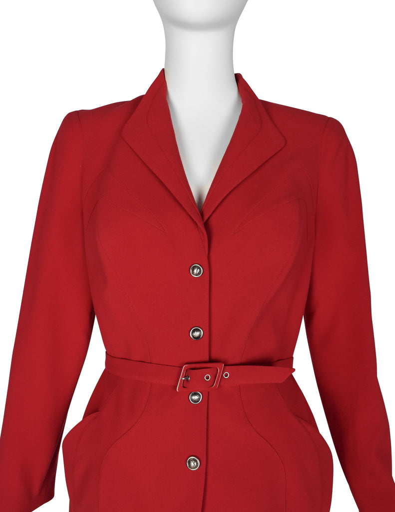 Thierry Mugler Vintage Red Wool Gabardine Jacket Skirt Two Piece Suit