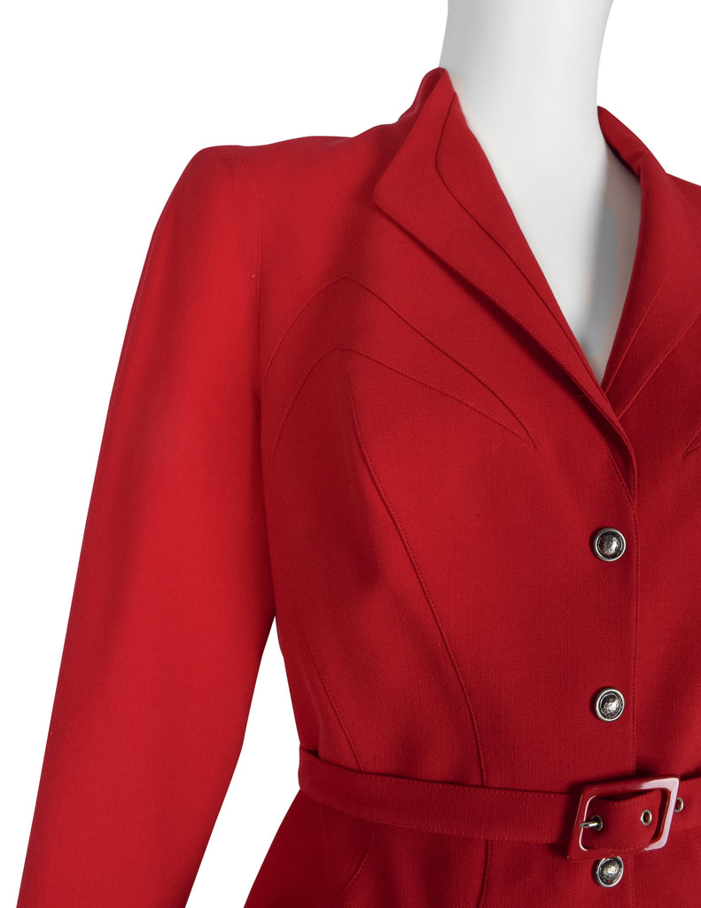 Thierry Mugler Vintage Red Wool Gabardine Jacket Skirt Two Piece Suit