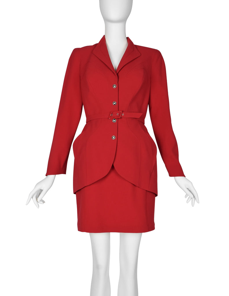 Thierry Mugler Vintage Red Wool Gabardine Jacket Skirt Two Piece Suit