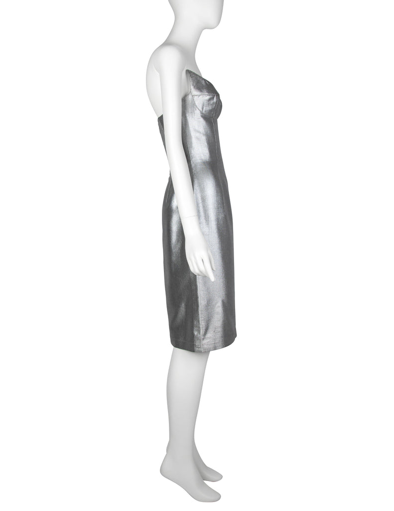 Thierry Mugler Couture Vintage Metallic Silver Pointed Bust Mini Dress