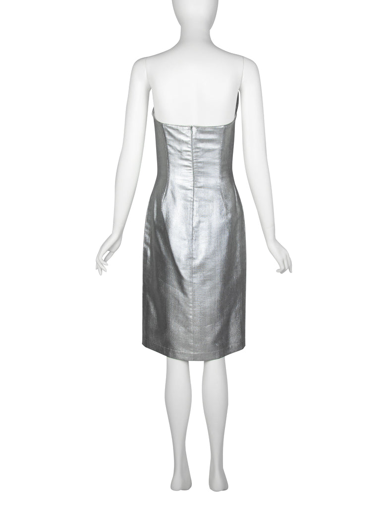 Thierry Mugler Couture Vintage Metallic Silver Pointed Bust Mini Dress