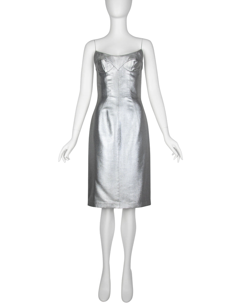 Thierry Mugler Couture Vintage Metallic Silver Pointed Bust Mini Dress