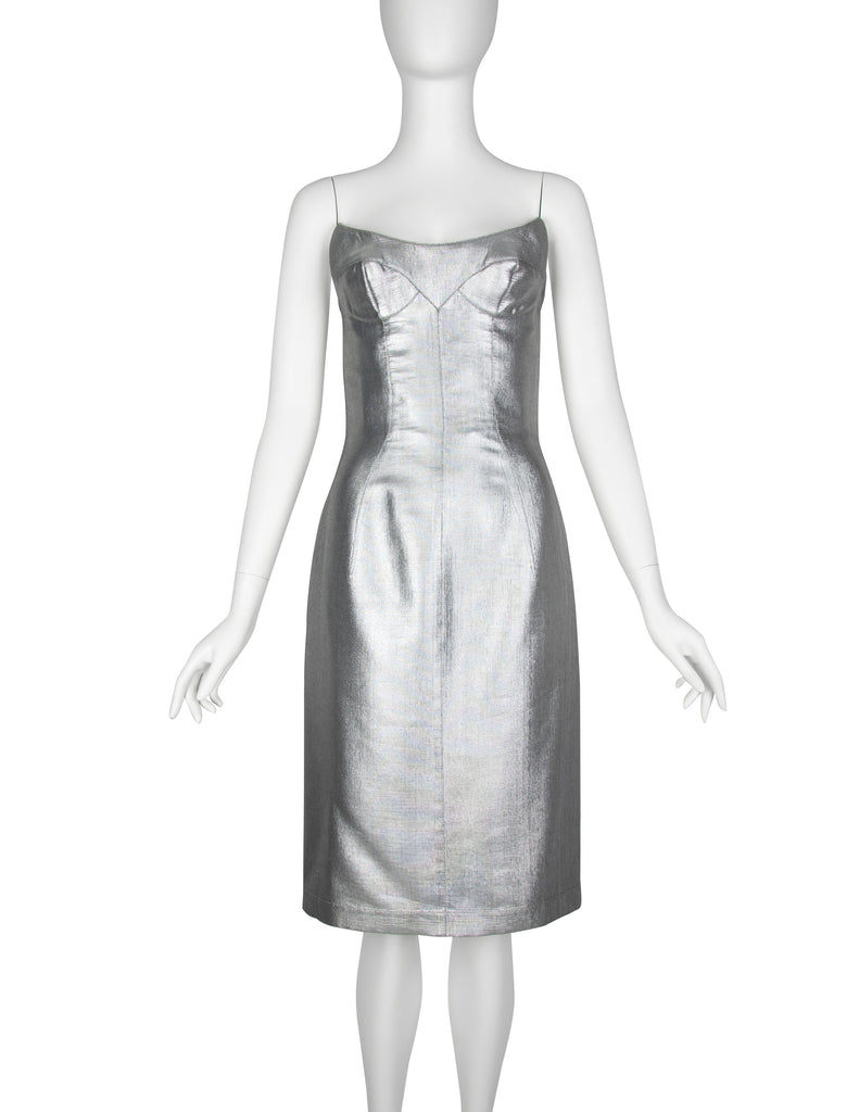 Thierry Mugler Couture Vintage Metallic Silver Pointed Bust Mini Dress