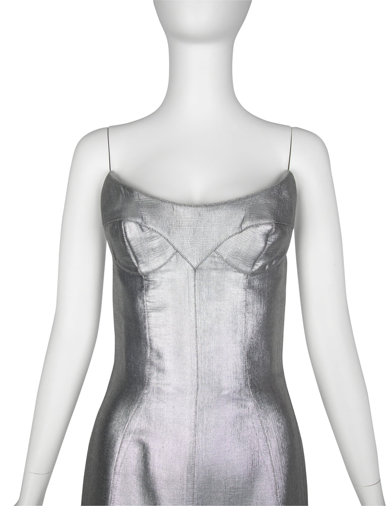 Thierry Mugler Couture Vintage Metallic Silver Pointed Bust Mini Dress