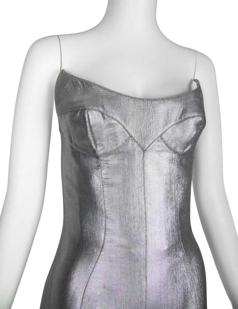 Thierry Mugler Couture Vintage Metallic Silver Pointed Bust Mini Dress