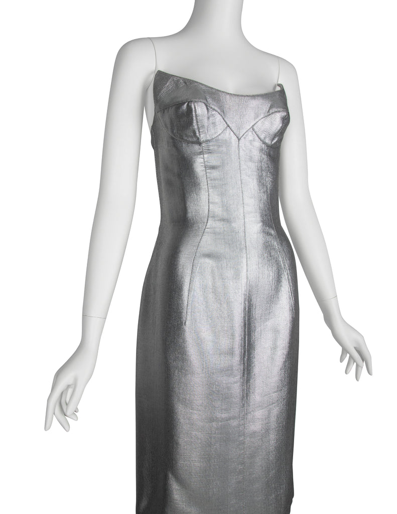 Thierry Mugler Couture Vintage Metallic Silver Pointed Bust Mini Dress