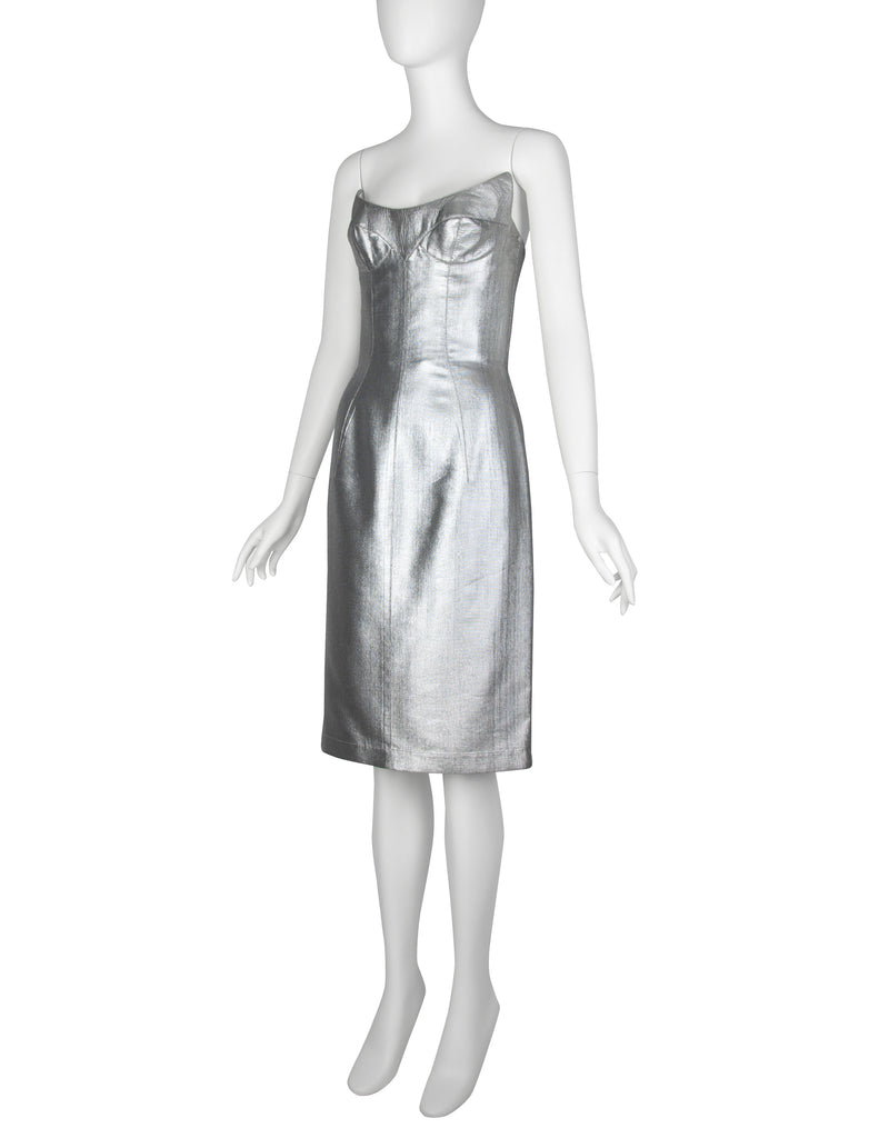 Thierry Mugler Couture Vintage Metallic Silver Pointed Bust Mini Dress