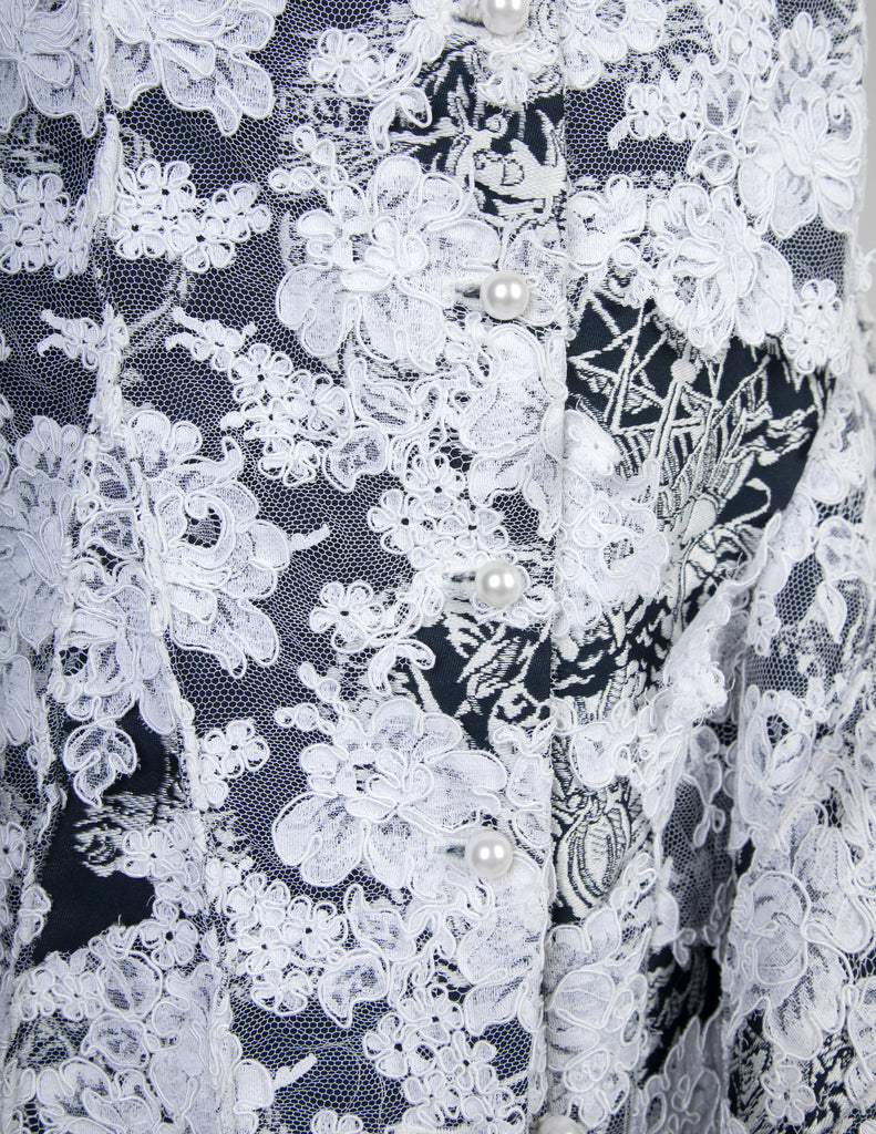 Thom Browne Rare SS 2014 Deepest Blue Ship Damask and White Lace Structured Skirt