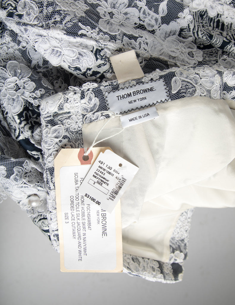 Thom Browne Rare SS 2014 Deepest Blue Ship Damask and White Lace Structured Skirt