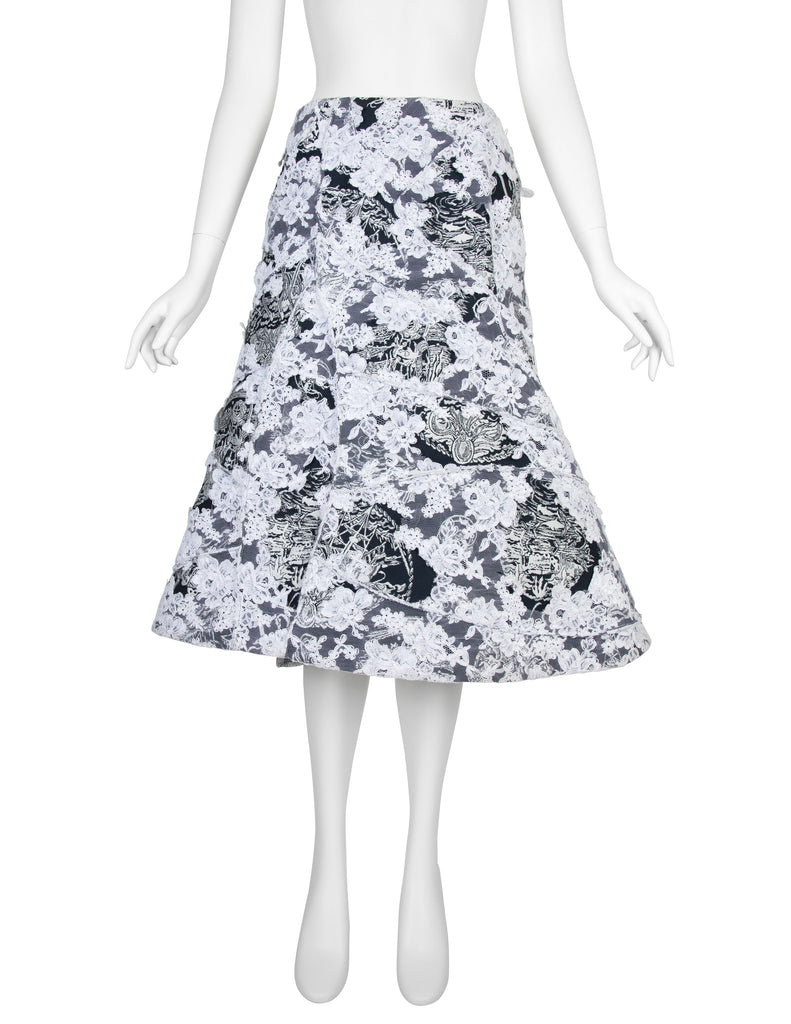 Thom Browne Rare SS 2014 Deepest Blue Ship Damask and White Lace Structured Skirt
