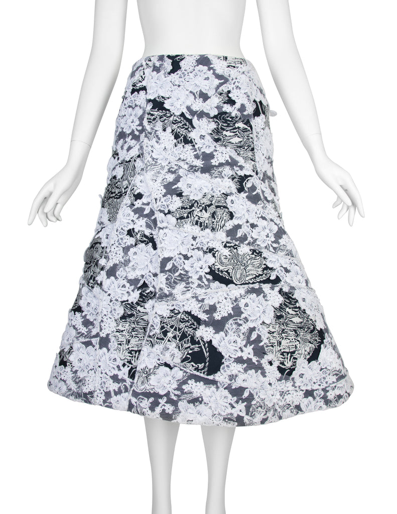 Thom Browne Rare SS 2014 Deepest Blue Ship Damask and White Lace Structured Skirt