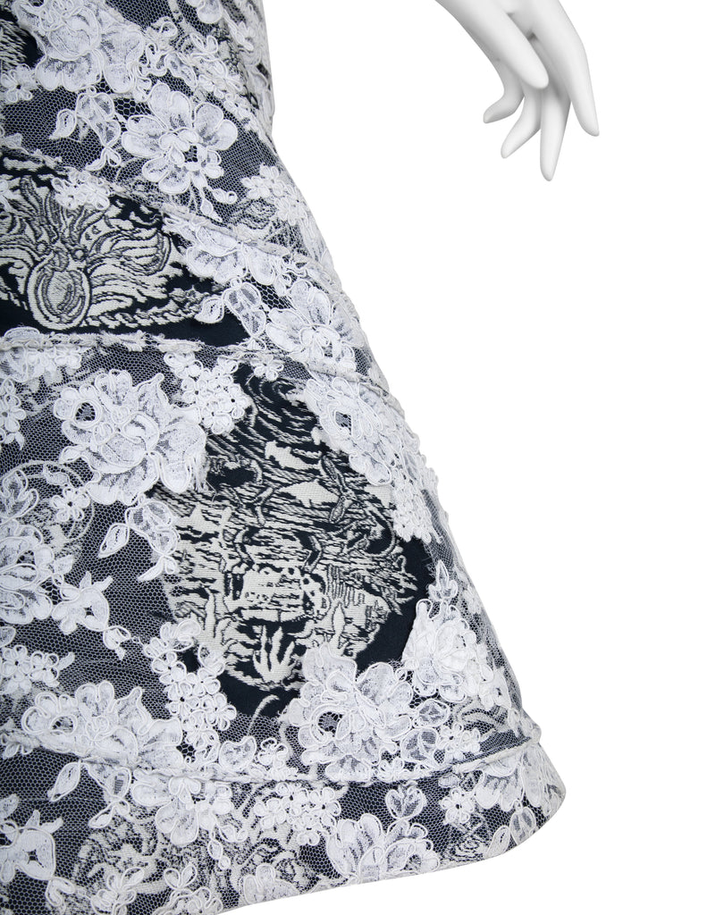 Thom Browne Rare SS 2014 Deepest Blue Ship Damask and White Lace Structured Skirt