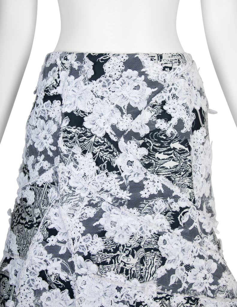 Thom Browne Rare SS 2014 Deepest Blue Ship Damask and White Lace Structured Skirt