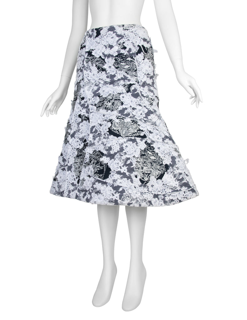 Thom Browne Rare SS 2014 Deepest Blue Ship Damask and White Lace Structured Skirt