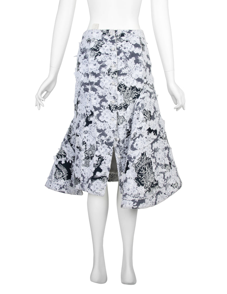 Thom Browne Rare SS 2014 Deepest Blue Ship Damask and White Lace Structured Skirt