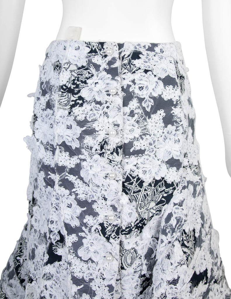 Thom Browne Rare SS 2014 Deepest Blue Ship Damask and White Lace Structured Skirt