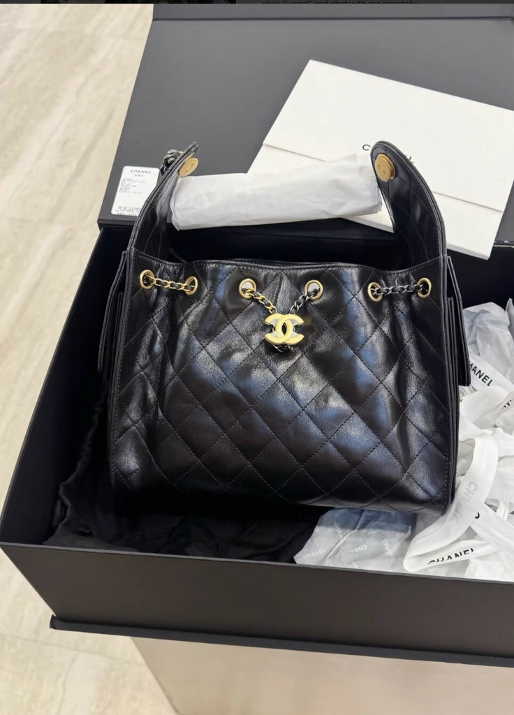Chanel 25 bag black waxed leather with gold & silver hardware