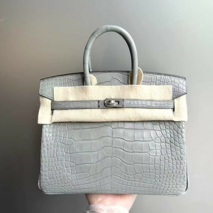 Hermes Birkin 25 gris perle matte crocodile leather palladium hardware
