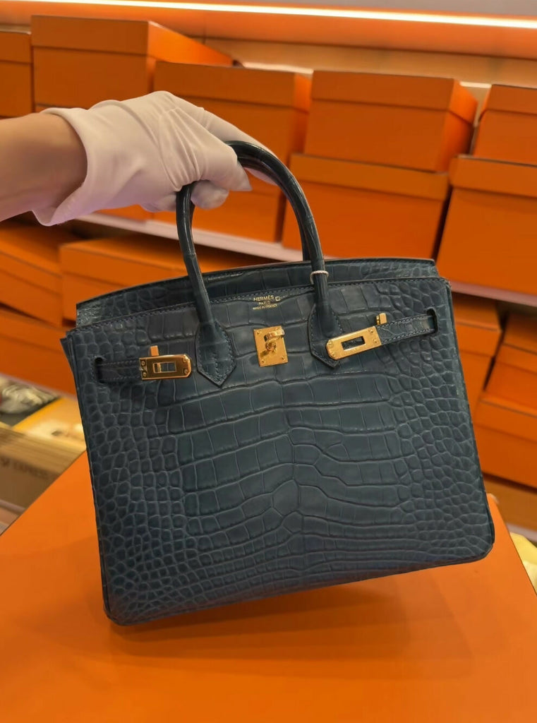 Hermes Birkin 25 blue matte crocodile leather Gold Hardware