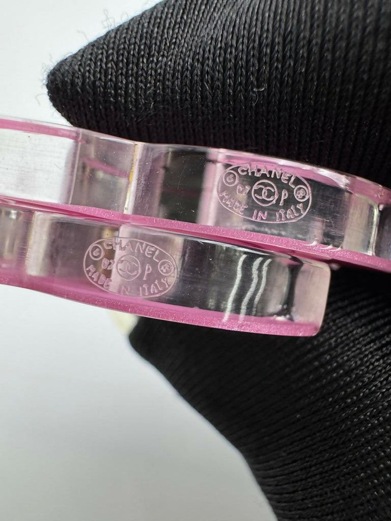 Chanel Vintage 07P Resin Pink and Clear Large CC Drop Hoop Earrings