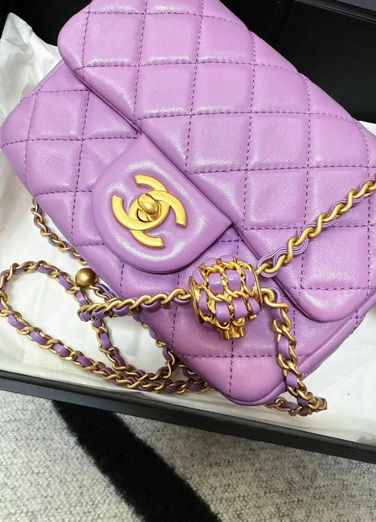 Chanel 22S purple leather square mini flap gold ball chain bag