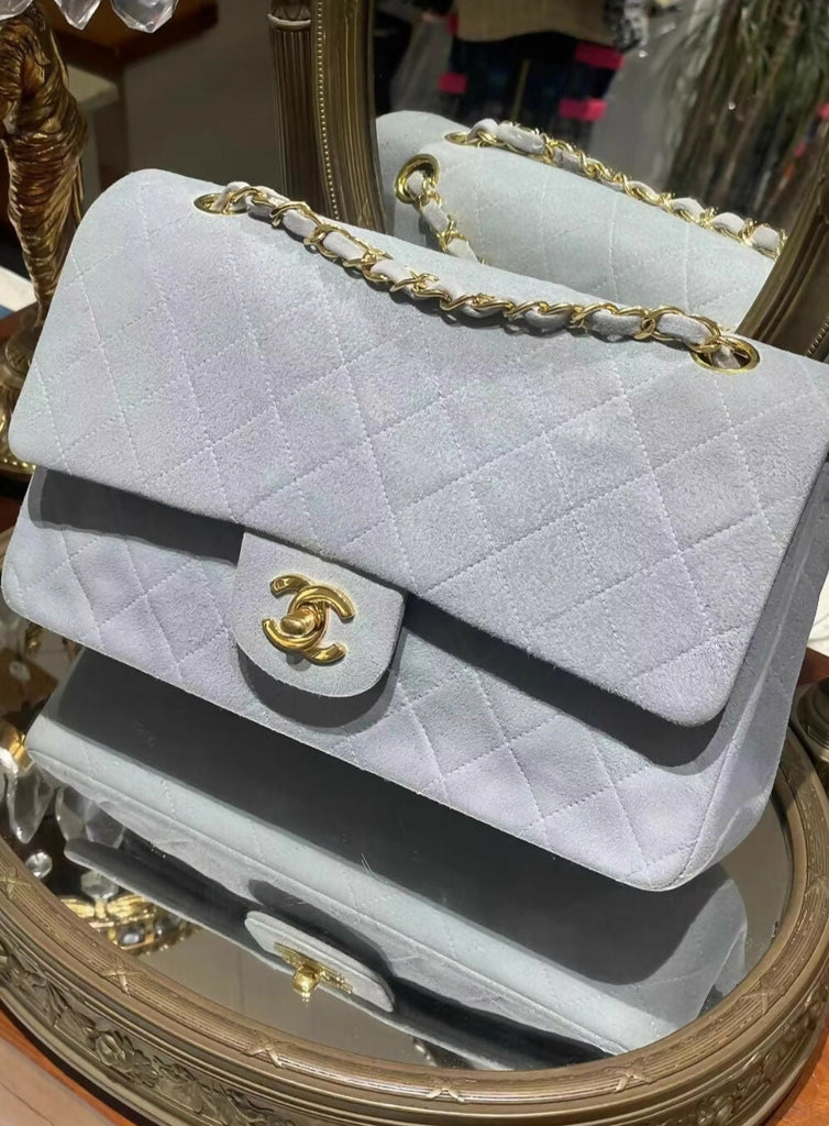 Chanel suede gray-blue medium flap gold hardware