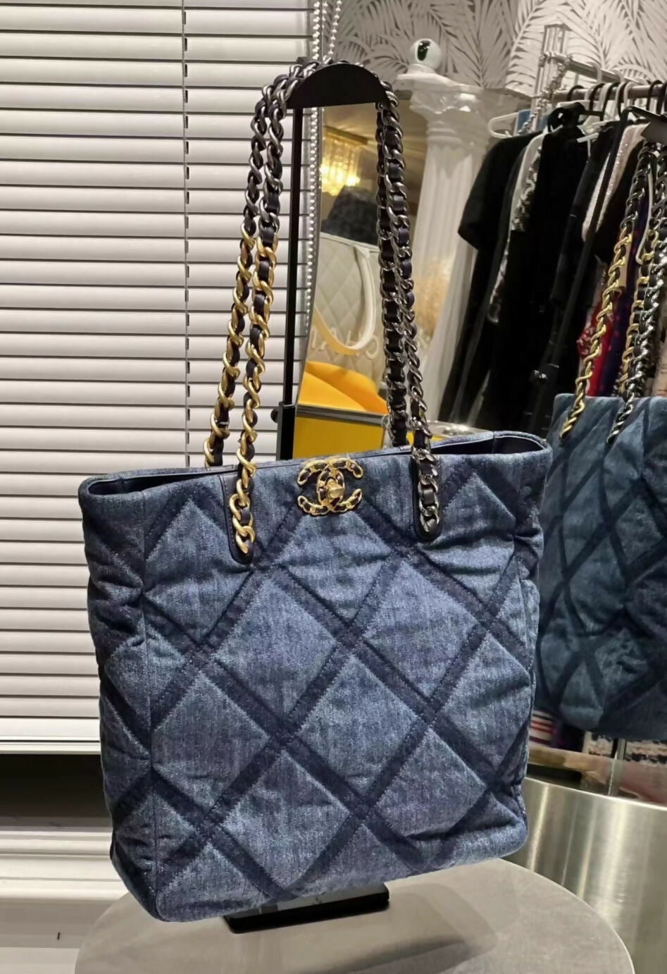 Chanel 23c denim quilted tote bag