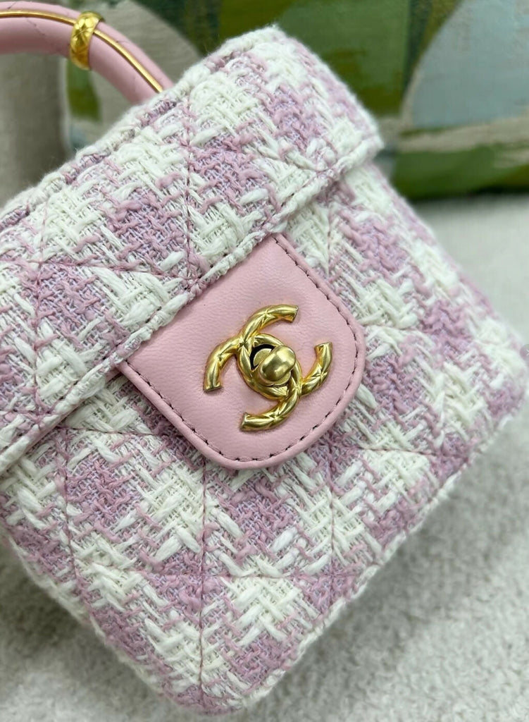 Chanel 23S Top Handle Flap Bag in Pink Tweed Houndstooth Aged Gold Hardware