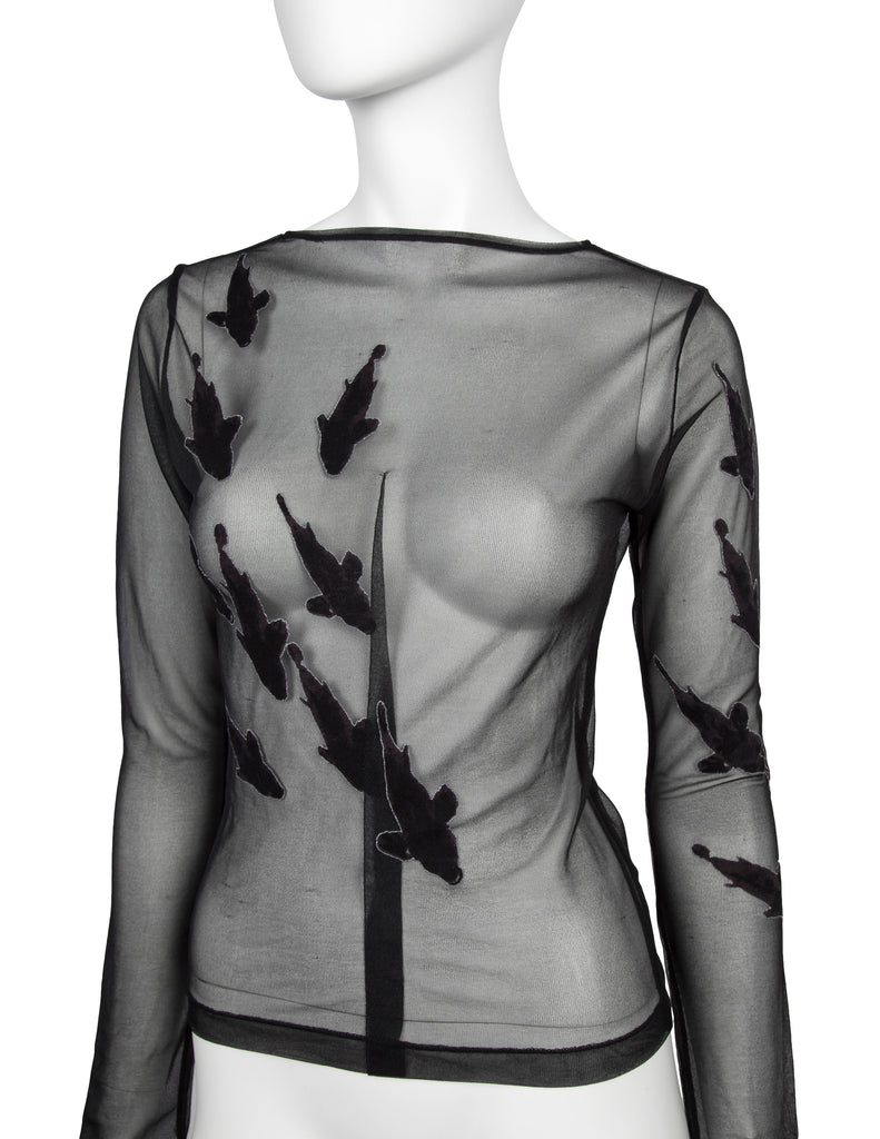 Yohji Yamamoto Vintage SS 2003 Stitched Fish Black Sheer Stretch Top