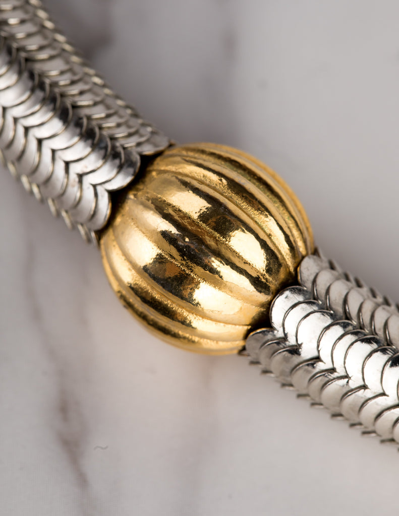 Yves Saint Laurent Haute Couture Vintage Silver Stacked Serpentine and Gold Ball Choker Necklace