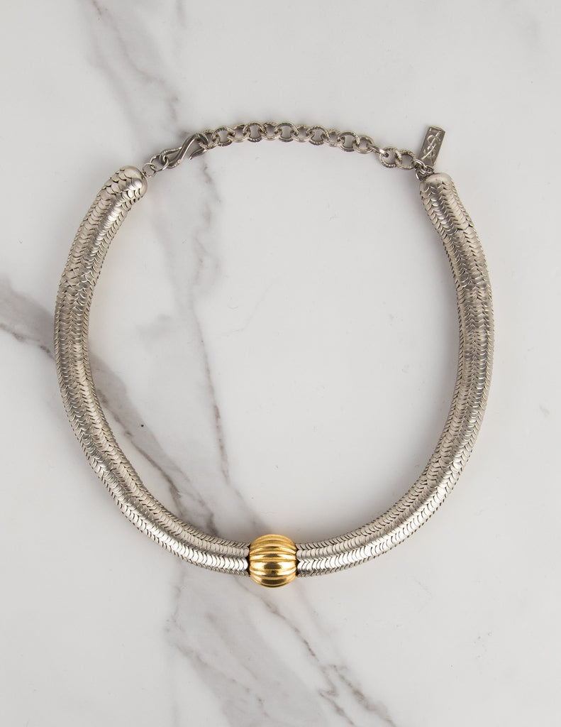 Yves Saint Laurent Haute Couture Vintage Silver Stacked Serpentine and Gold Ball Choker Necklace