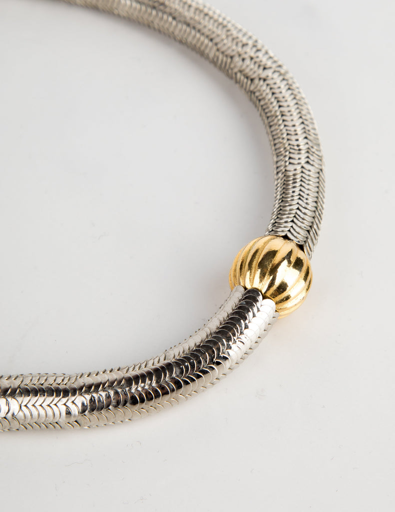 Yves Saint Laurent Haute Couture Vintage Silver Stacked Serpentine and Gold Ball Choker Necklace