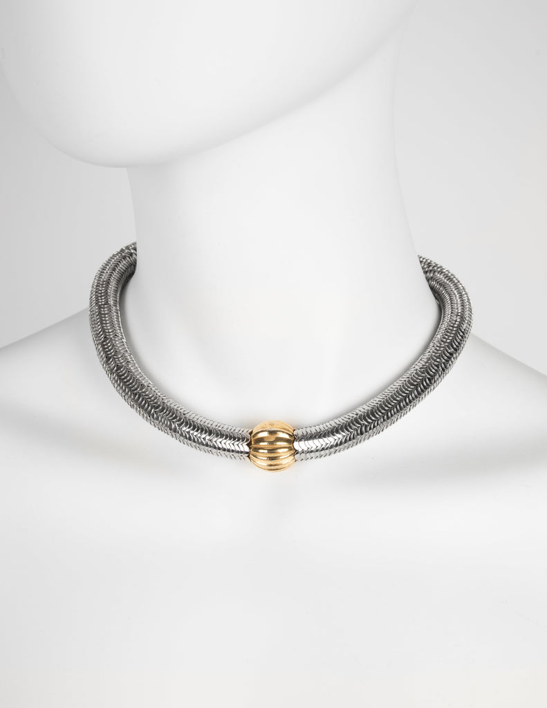 Yves Saint Laurent Haute Couture Vintage Silver Stacked Serpentine and Gold Ball Choker Necklace