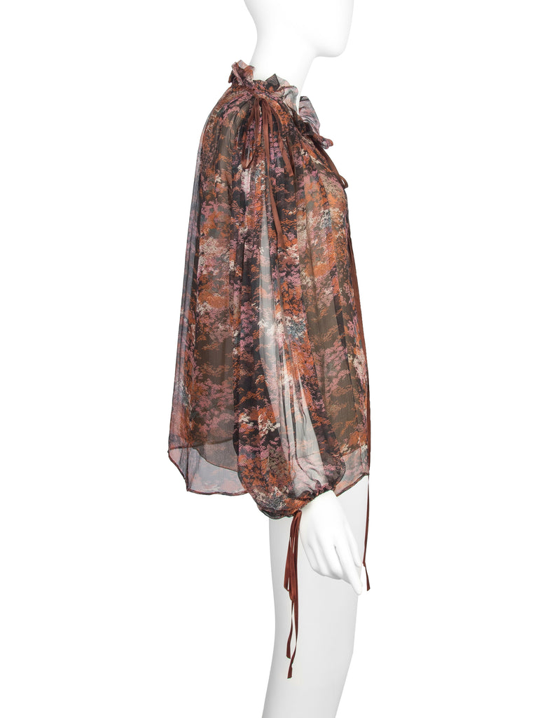 Yves Saint Laurent Vintage Haute Couture AW 1977 'Les Chinoises' Autumnal Foliage Print Silk Top