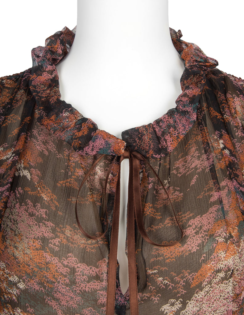 Yves Saint Laurent Vintage Haute Couture AW 1977 'Les Chinoises' Autumnal Foliage Print Silk Top