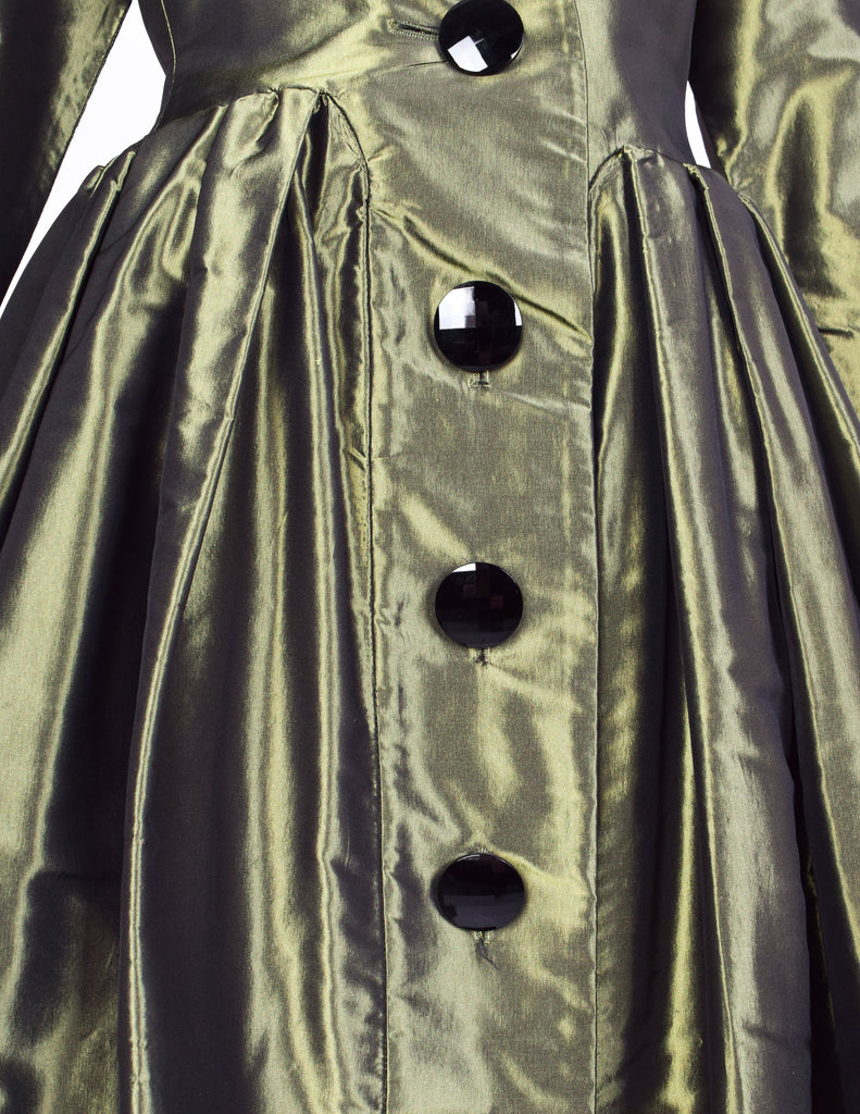 Yves Saint Laurent Vintage AW 1991 Metallic Green Silk Taffeta Plunging Party Dress