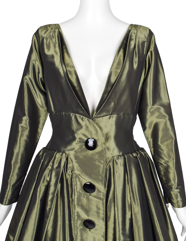 Yves Saint Laurent Vintage AW 1991 Metallic Green Silk Taffeta Plunging Party Dress