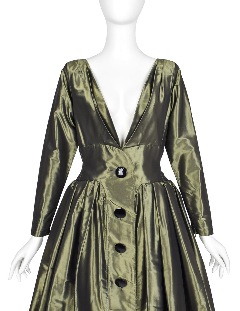 Yves Saint Laurent Vintage AW 1991 Metallic Green Silk Taffeta Plunging Party Dress