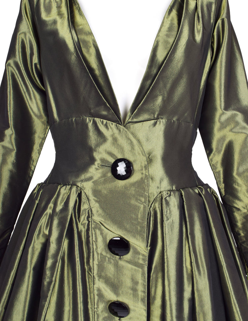 Yves Saint Laurent Vintage AW 1991 Metallic Green Silk Taffeta Plunging Party Dress