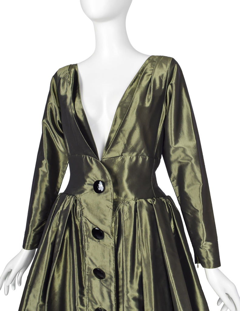 Yves Saint Laurent Vintage AW 1991 Metallic Green Silk Taffeta Plunging Party Dress