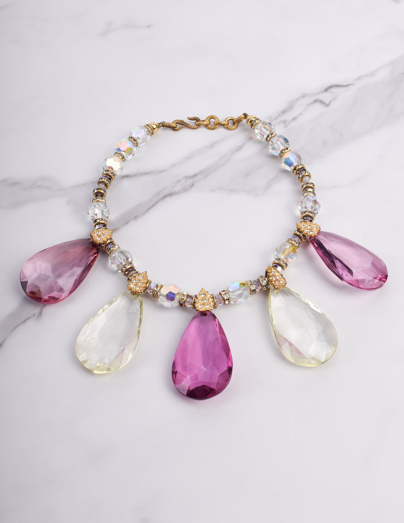 Yves Saint Laurent Vintage SS 1980 Pink Iridescent Faceted Bead and Rhinestone Necklace