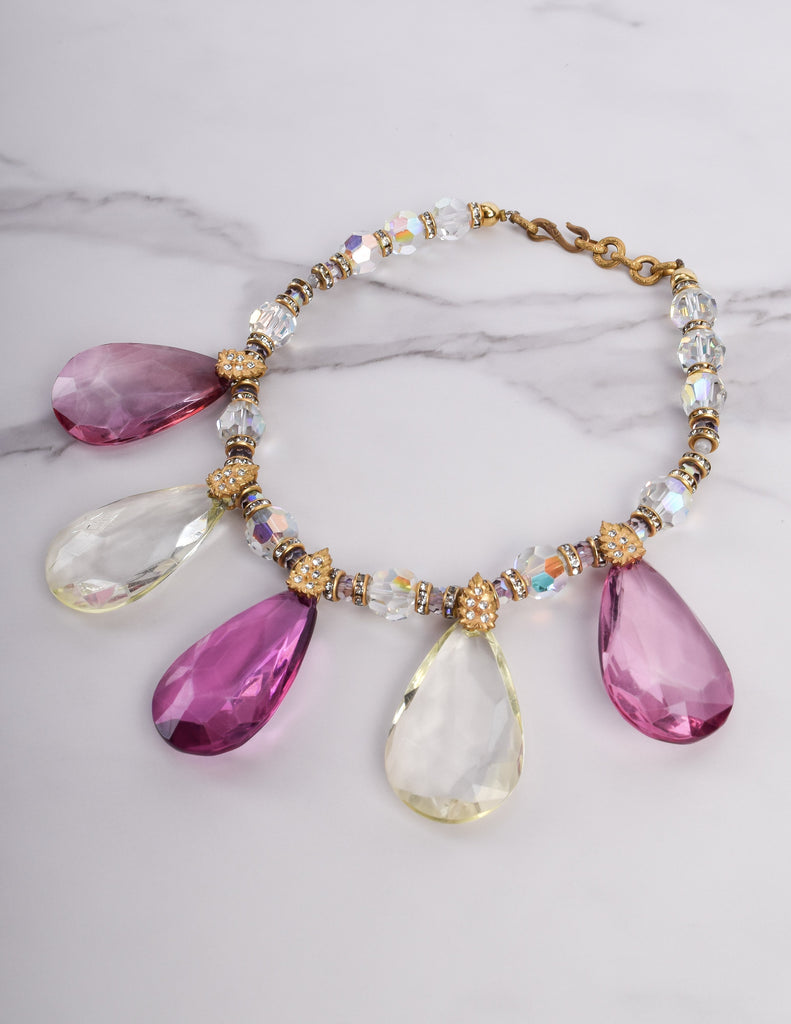 Yves Saint Laurent Vintage SS 1980 Pink Iridescent Faceted Bead and Rhinestone Necklace