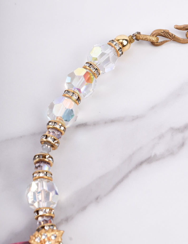 Yves Saint Laurent Vintage SS 1980 Pink Iridescent Faceted Bead and Rhinestone Necklace