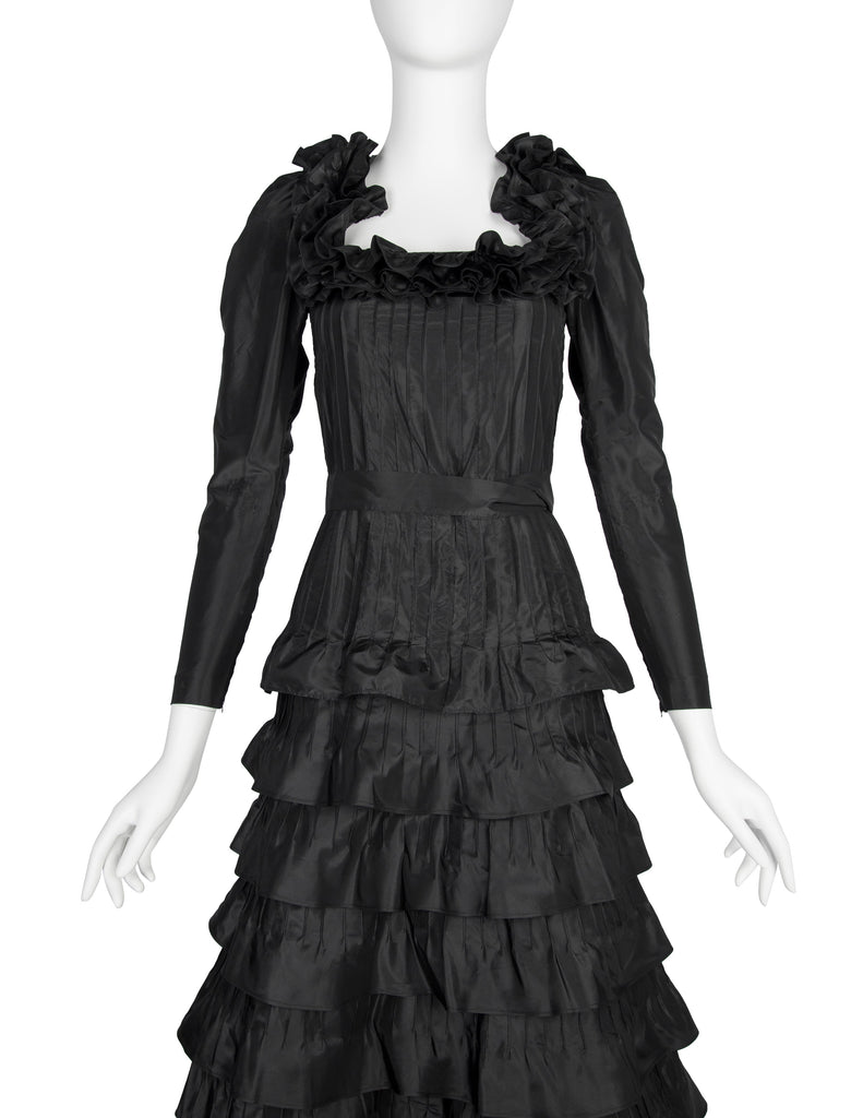 Yves Saint Laurent Haute Couture Vintage AW 1971 Black Silk Taffeta Ruffled Dress
