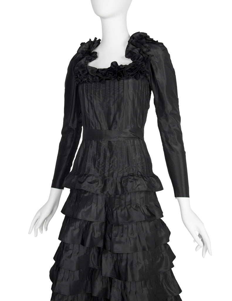 Yves Saint Laurent Haute Couture Vintage AW 1971 Black Silk Taffeta Ruffled Dress