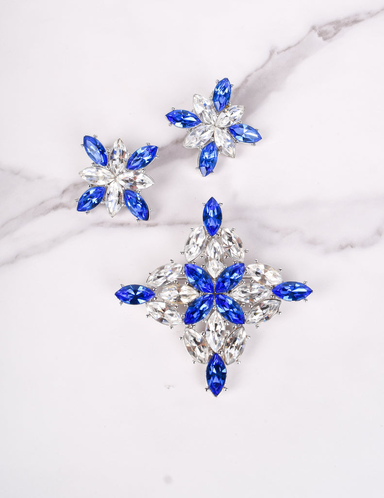 Yves Saint Laurent Vintage Numbered Large Blue Clear Crystal Brooch and Earrings Set